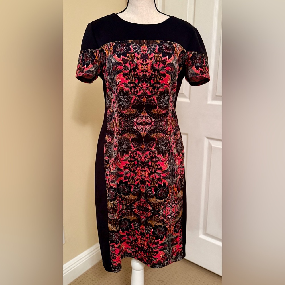 London Times Black Dress with Coral and Gold Floral Panel, Sz 8